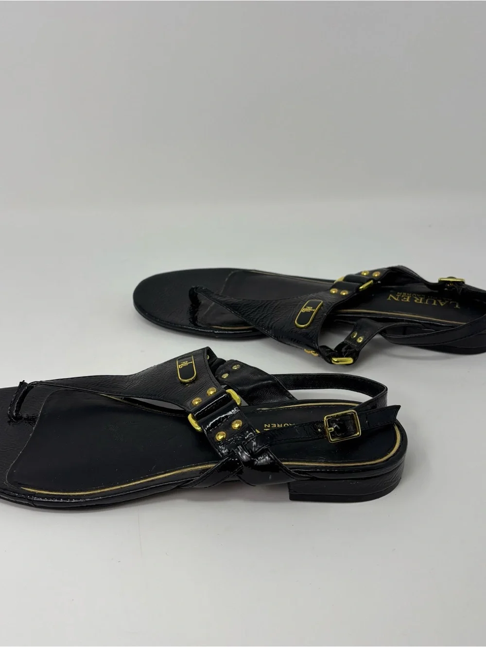 Lauren Ralph Lauren Womens 9.5 Black Patent Leather Slingback Thong Sandals